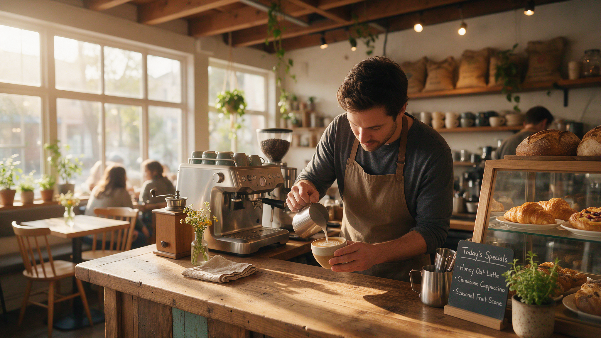 Interior acogedor de Café El Aroma con luz cálida